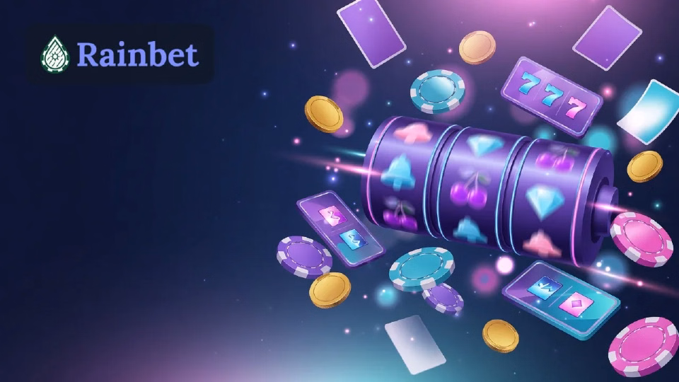 Illustration: slot reels and game tiles in Rainbet colours