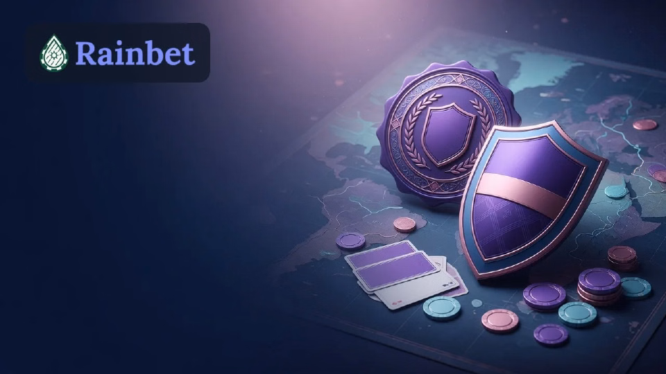 Illustration: seal and shield over a map in Rainbet colours