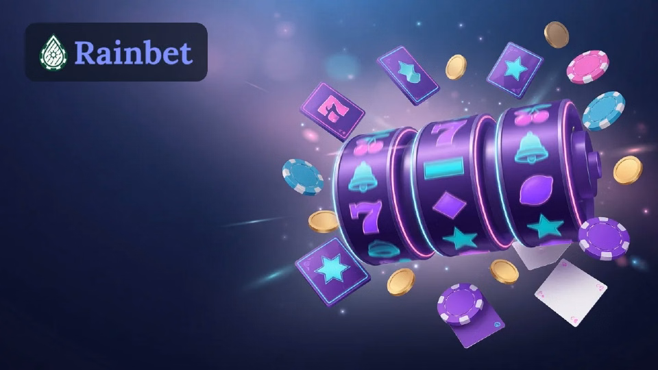 Illustration: slot reels and game tiles in Rainbet colours