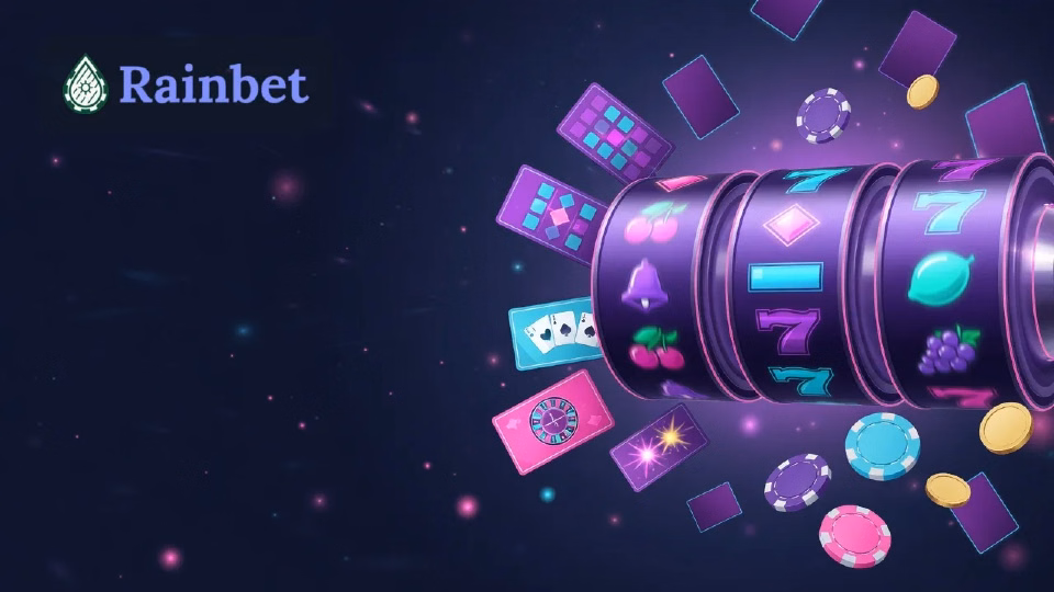 Illustration: slot reels and game tiles in Rainbet colours