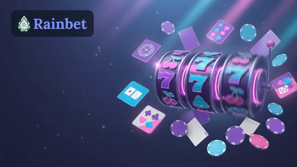 Illustration: slot reels and game tiles in Rainbet colours
