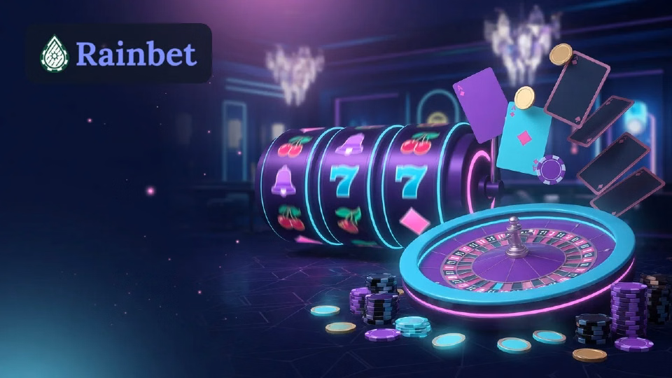 Illustration: casino lobby with slots and roulette in Rainbet colours