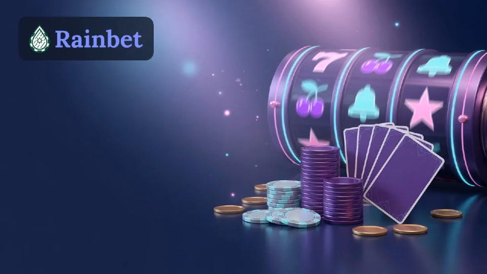 Illustration: casino chips, cards and a slot reel in Rainbet colours