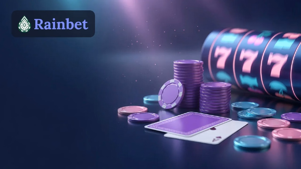 Illustration: casino chips, cards and a slot reel in Rainbet colours