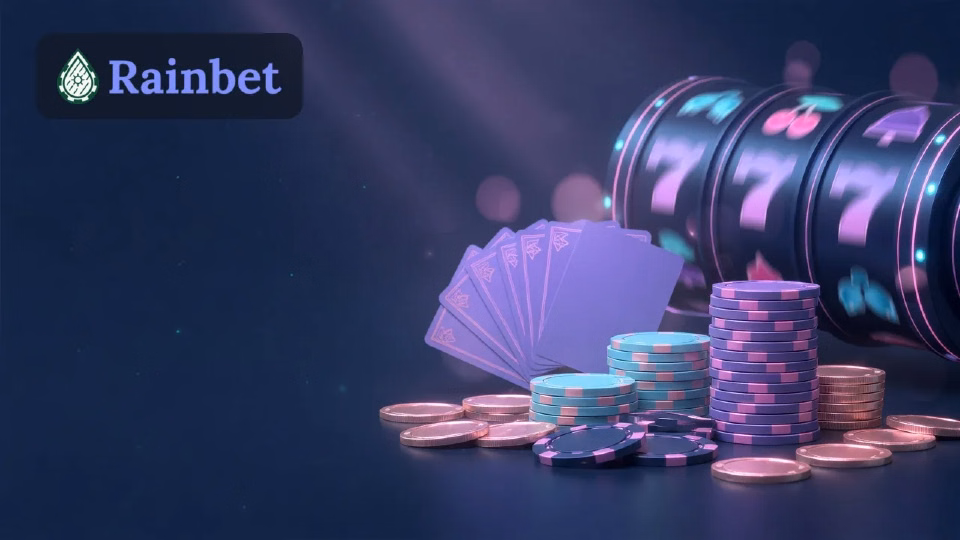 Illustration: casino chips, cards and a slot reel in Rainbet colours
